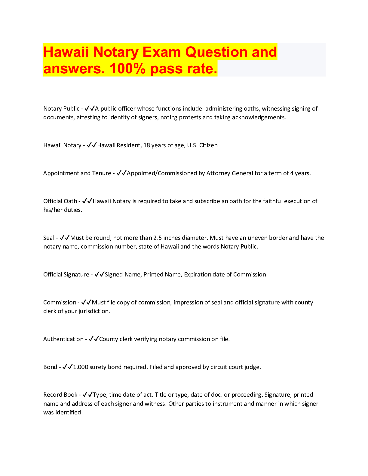 Hawaii Notary Exam Question and answers. 100 pass rate. Browsegrades